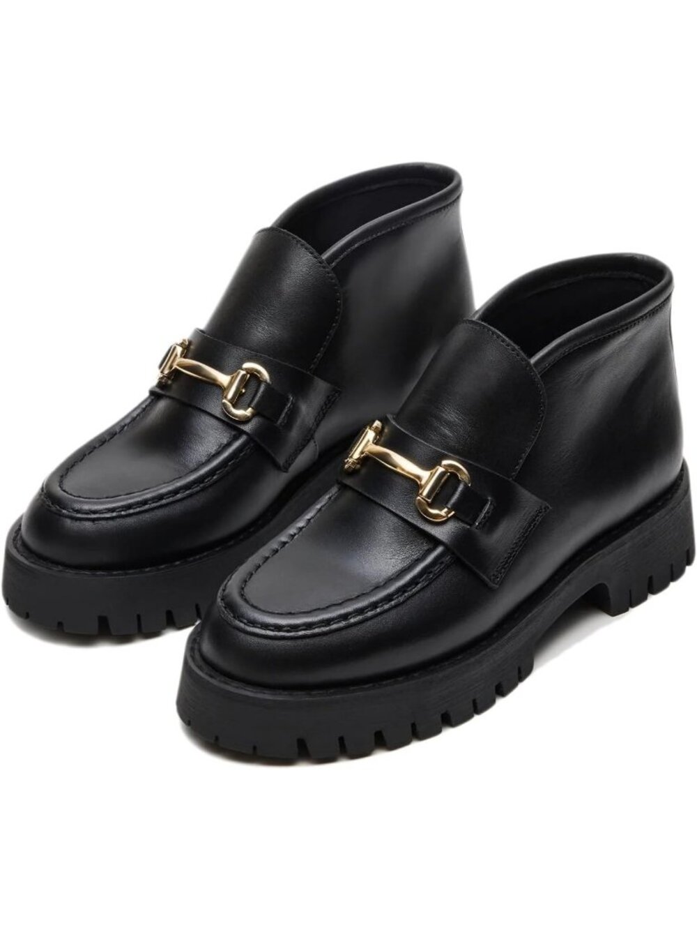 Women's Black Faux Leather Platform Chunky Heel Loafer Booties Slip On Boots